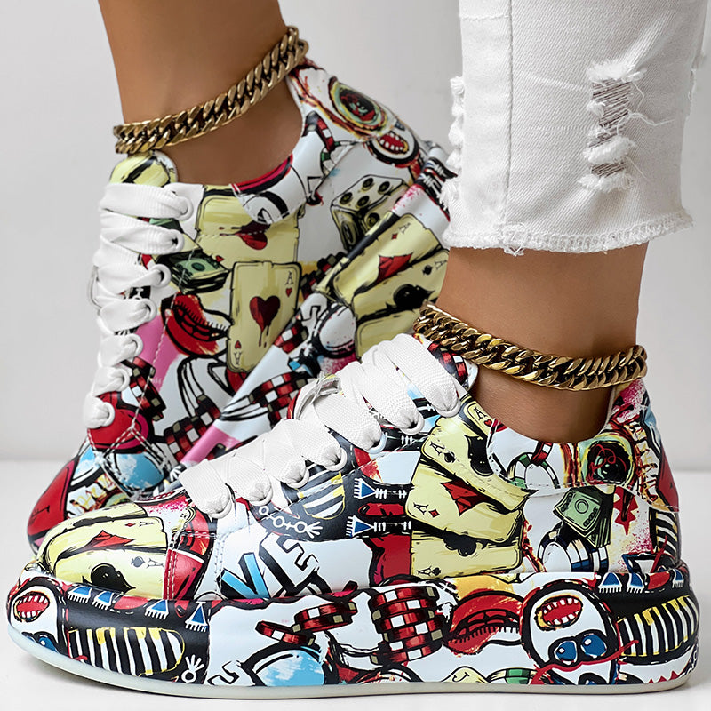 Women's Casual Round Toe Thick Sole Lace-Up Sneakers, Random Print Design, Comfortable Sporty Shoes For Daily Wear