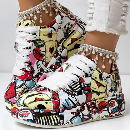 Women's Casual Round Toe Thick Sole Lace-Up Sneakers, Random Print Design, Comfortable Sporty Shoes For Daily Wear