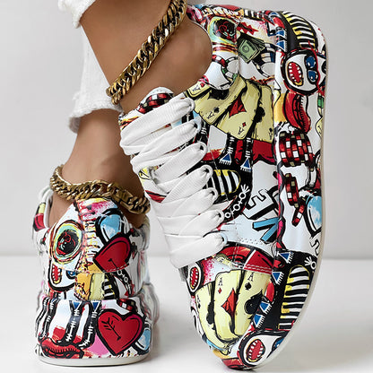 Women's Casual Round Toe Thick Sole Lace-Up Sneakers, Random Print Design, Comfortable Sporty Shoes For Daily Wear