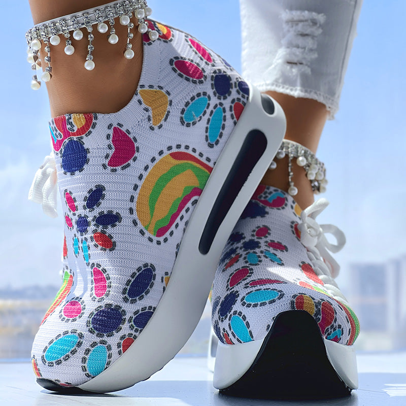 Women's Random Print Side Lace-Up Elastic Sport Shoes, Comfortable Slip-On Sneakers For Women, Casual Daily Wear Footwear